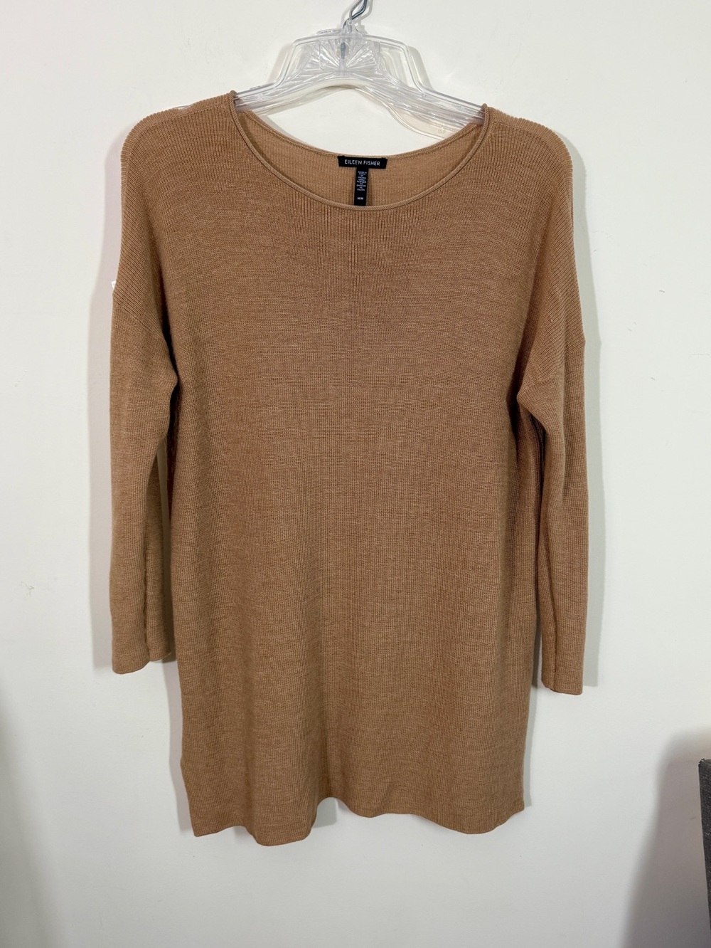Eileen Fisher M Camel Tan Italian Merino Wool Scoop Neck Sweater Tunic